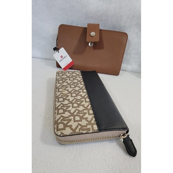 Lot Of 2 Women's Wallet DKNY Beige Logo Print Mundi Brown Leather Card Slots - Picture 4 of 10